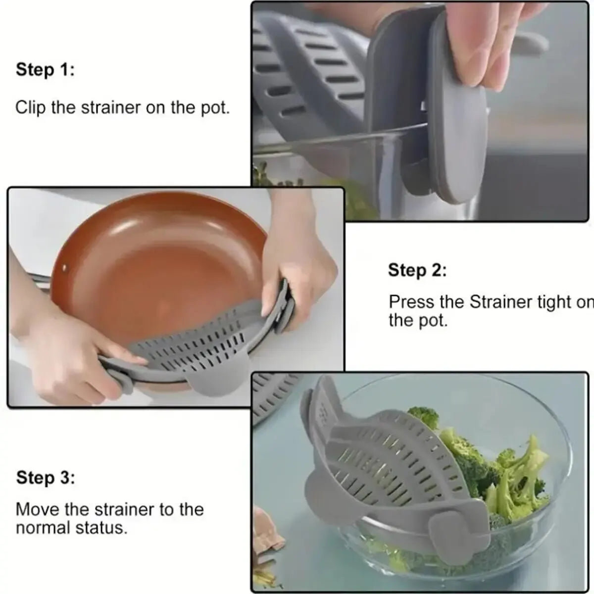 Silicone Clip-On Strainer - Easy Clip Handheld Drainer for Pots, Pans, and Bowls