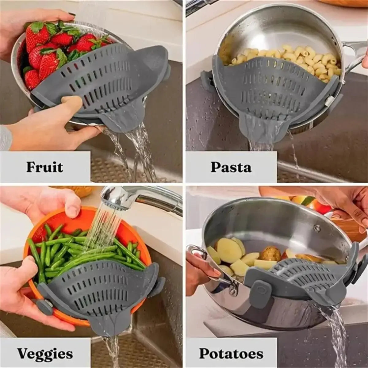 Silicone Clip-On Strainer - Easy Clip Handheld Drainer for Pots, Pans, and Bowls